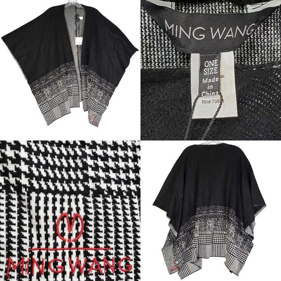Ming Wang Sweater Cape One Size Black Soft Poncho Wrap Logo Embroidered New - Picture 1 of 9